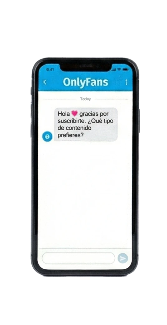 Teléfono con un chat de onlyfans mostrando mensaje de bienvenida