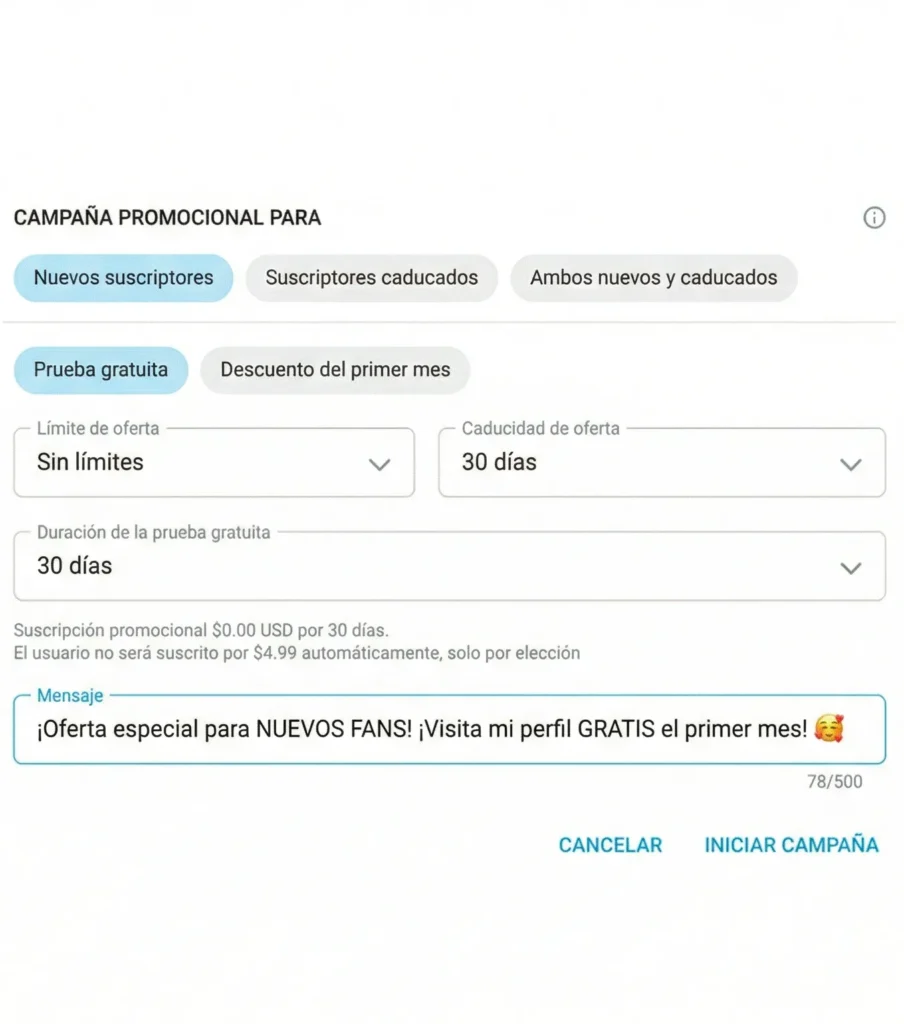 Captura de pantalla del sitio donde se configuran las campañas promocionales en onlyfans