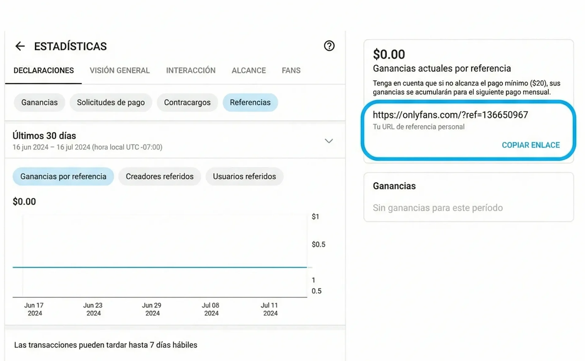 Captura de pantalla del panel de estadisticas y referidos en onlyfans